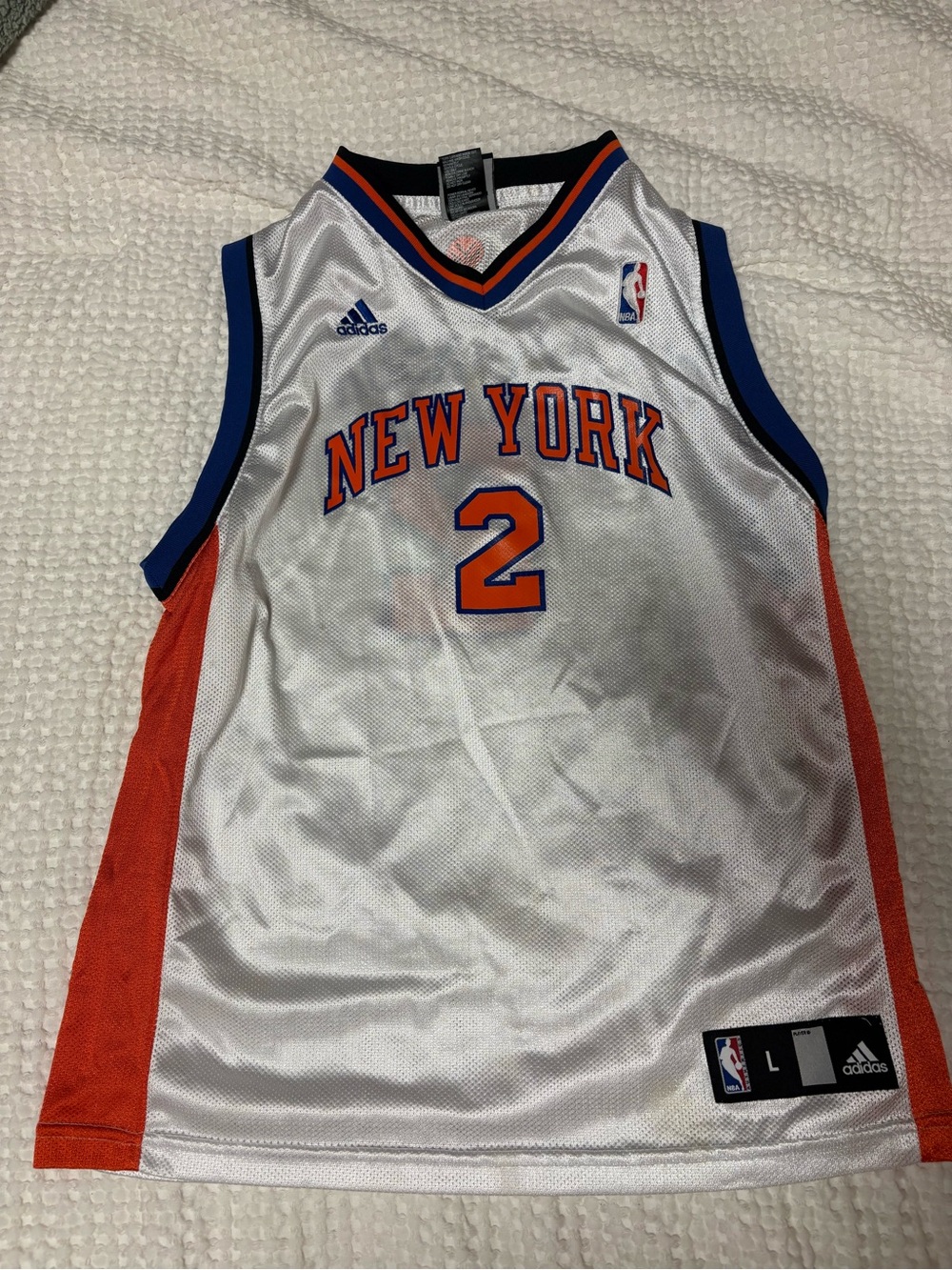 adidas New York Basketball Jersey in White, Orange & Blue